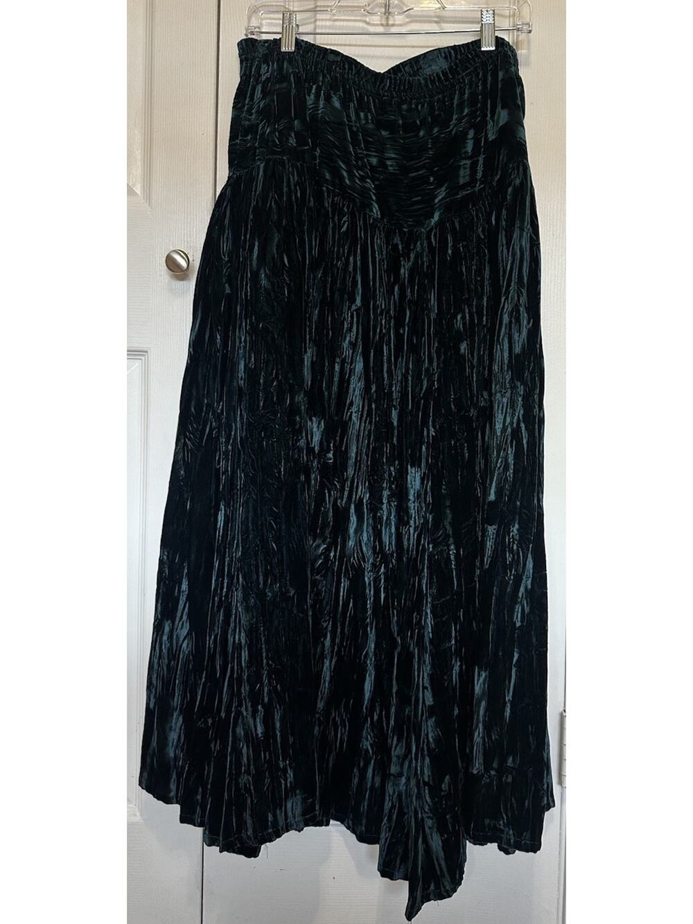 Double D Ranch Teal Crushed Velvet Maxi Skirt Size L Tiered Western Boho Luxury